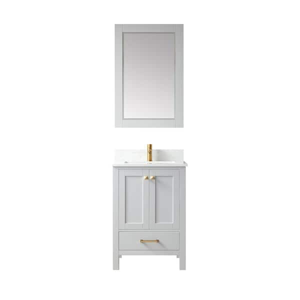 ROSWELL Shannon 24 in. W x 22 in. D x 33.9 in. H Single Sink Bath Vanity in Paris Grey with White Composite Stone Top and Mirror