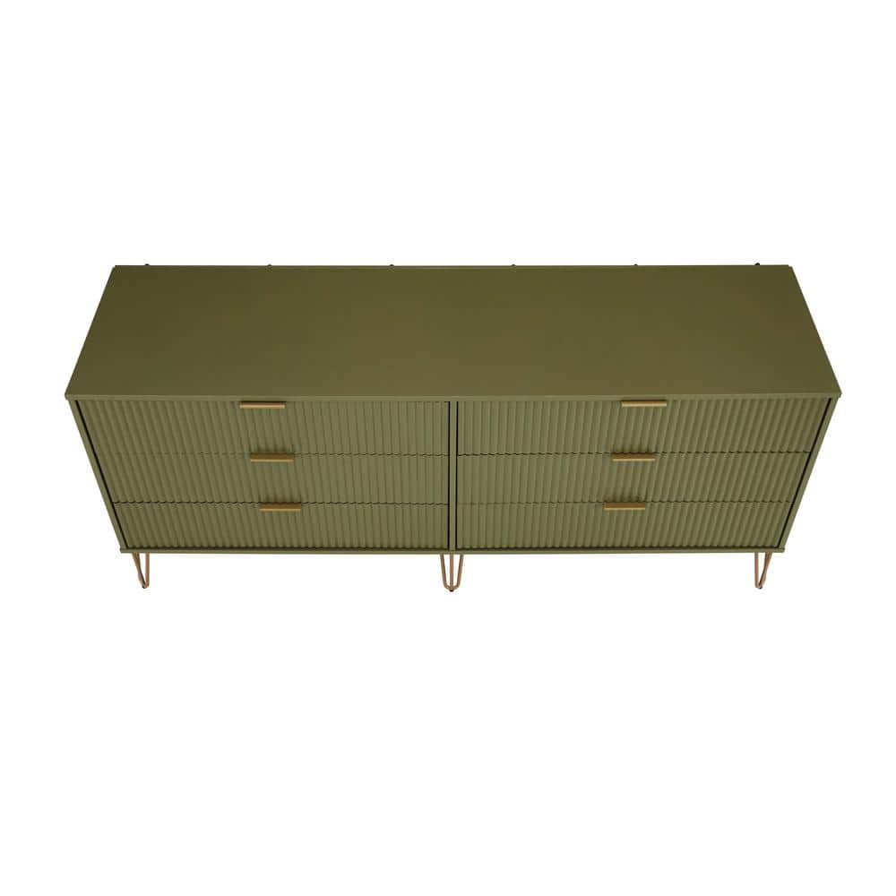 Olive Green Vertical Ribbed 6-Drawer Double Dresser with Soft Close