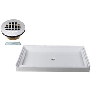 60 in. x 36 in. Single Threshold Alcove Shower Pan Base with Center Brass Drain in Polished Chrome