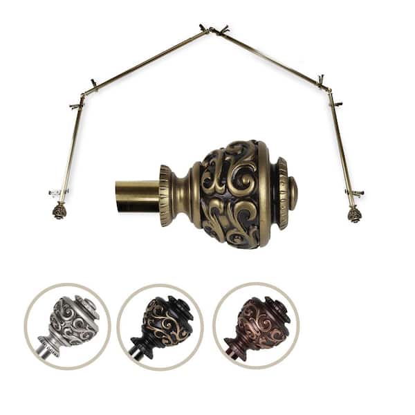 13/16" Dia Adjustable 4 Sided Bay Window Curtain Rod 28 to 48" (each side) in Antique Brass with Diana Finials