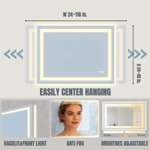 84 in. H x 32 in. W Rectangular Frameless LED Light Anti-Fog Wall Bathroom Vanity Mirror with Backlit and Front Light