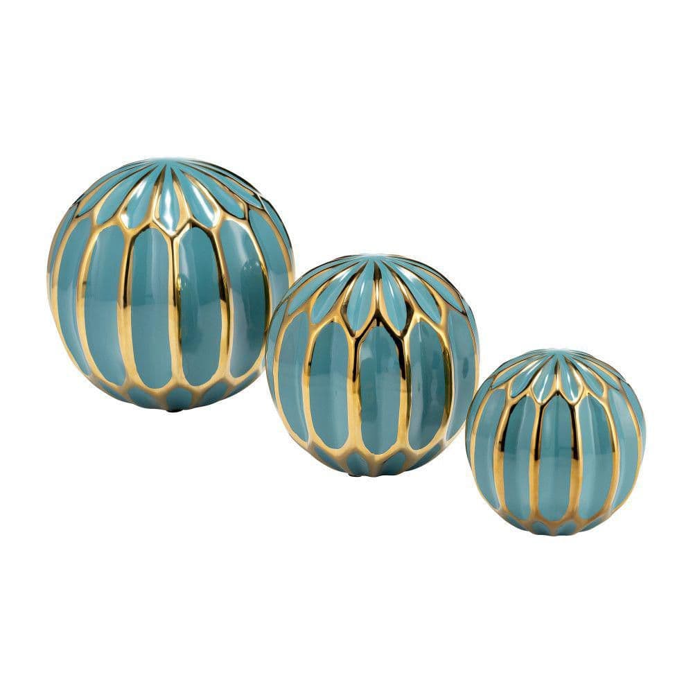 Set of 3 Turquoise and Gold Ceramic Decorative Orbs