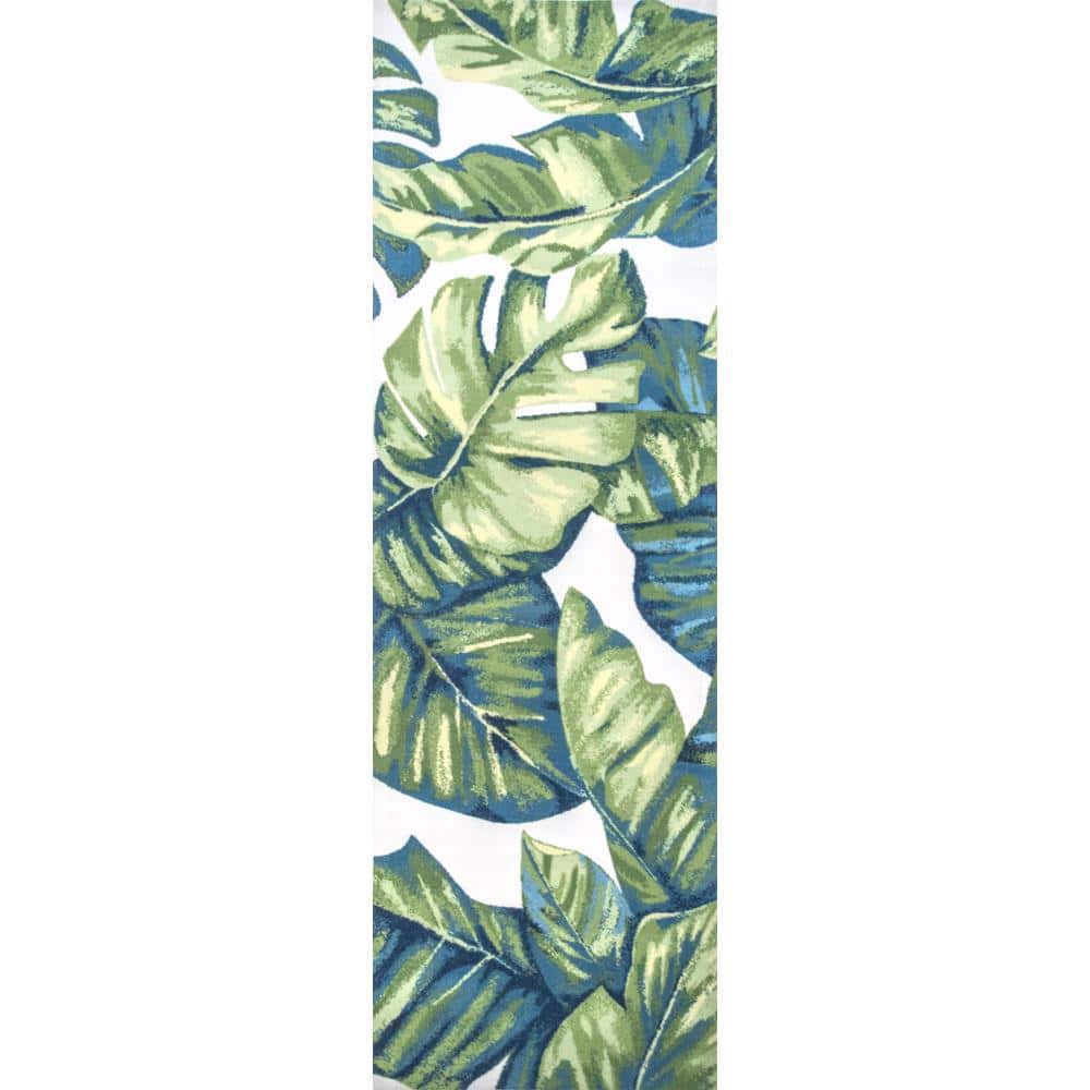 Tropical Leaf Design Reversible Indoor/Outdoor Blue Runner Rug, 2'6" x 10'