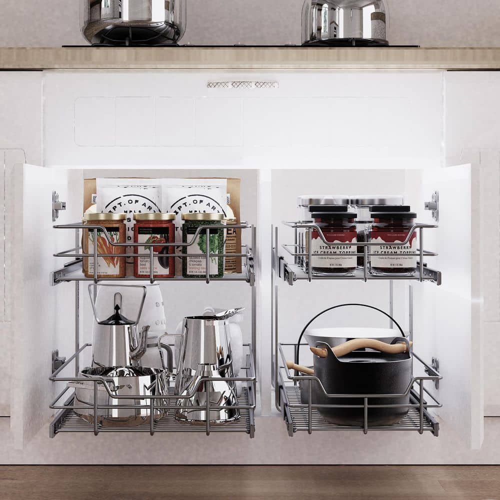 Wudkey 2 Tier Pull Out Cabinet Organizer, Silver Kitchen Pot Rack Wudkey 2 Tier Pull Out Cabinet Organizer, Silver Kitchen Pot Rack