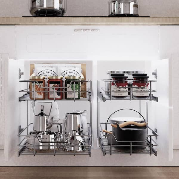 2 Tier Pull Out Cabinet Organizer, Silver Kitchen Pot Rack with Sliding Baskets, Slide Out Drawers for Kitchen Cabinets