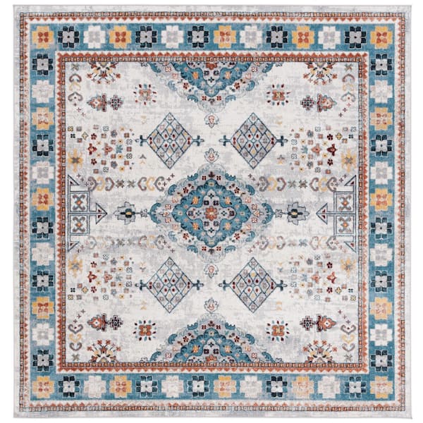 Bayside Gray/Blue 7 ft. x 7 ft. Machine Washable Geometric Border Square Area Rug