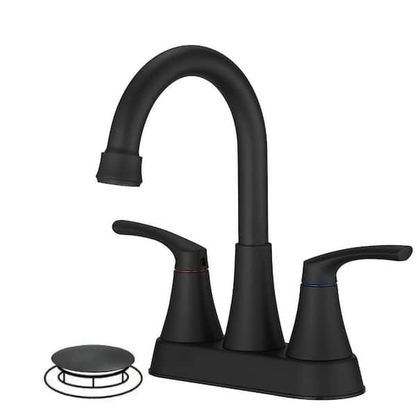 Easy Install 4 in. Centerset Double Handle Spot Resistant Bathroom Faucet with Drain Kit in Matte Black
