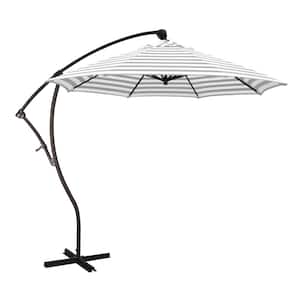 9 ft. Bronze Aluminum Cantilever Patio Umbrella with Crank Open 360 Rotation in Gray White Cabana Stripe Olefin