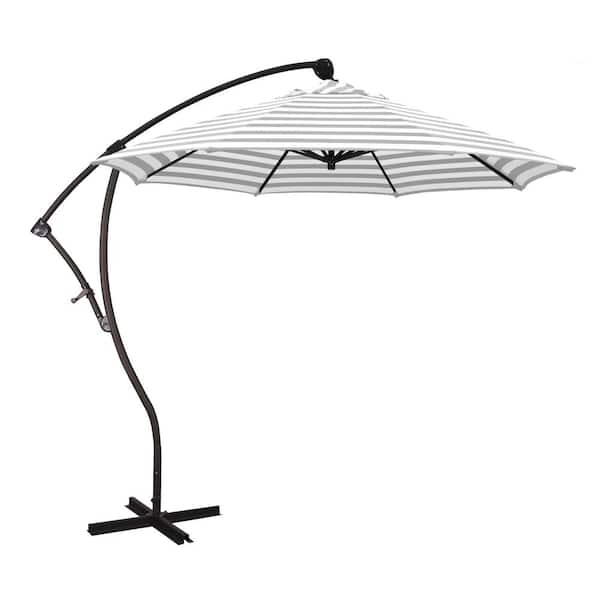 California Umbrella 9 ft. Bronze Aluminum Cantilever Patio Umbrella with Crank Open 360 Rotation in Gray White Cabana Stripe Olefin