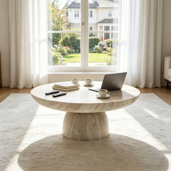 Nocturna 35.43 in. Beige Round Fiber Glass Charming Mushroom Coffee Table with Wood Base