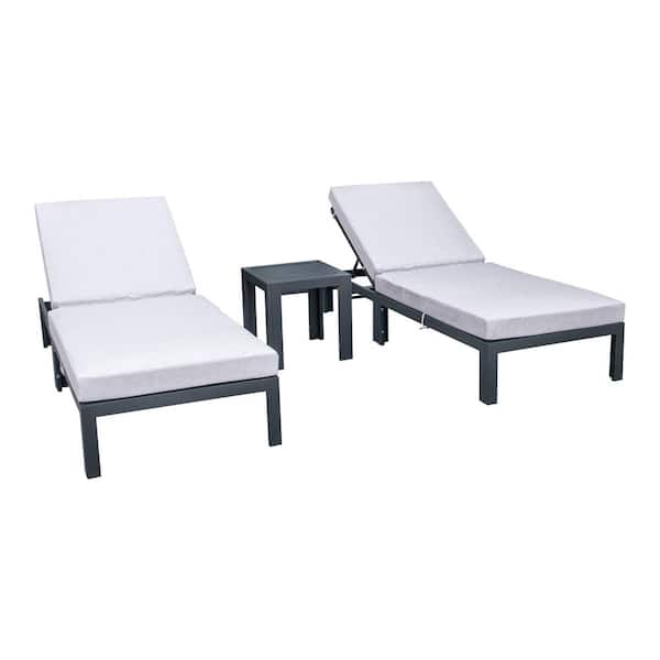 Leisuremod Chelsea Modern Black Aluminum Outdoor Patio Chaise Lounge Chair with Side Table and Light Grey Cushions (Set of 2)