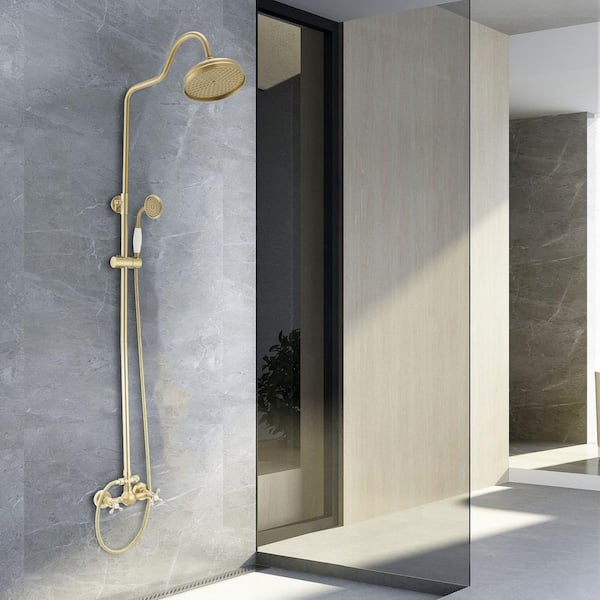 2-Spray Wall Slid Bar Round Rain Shower Faucet with Hand Shower 2-Cross Handles Mixer Shower System Taps in Gold