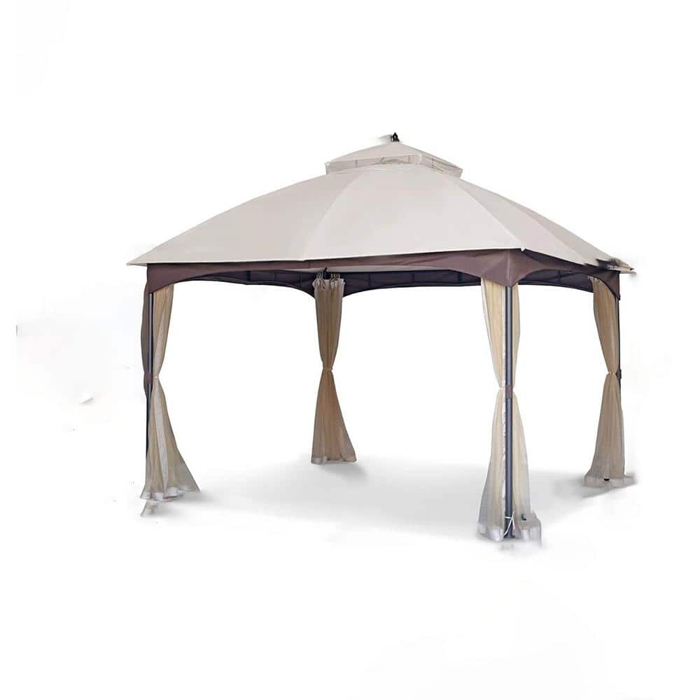 10 ft. x 12 ft. Beige Metal Outdoor Gazebo with Double Roof Canopy, Mosquit