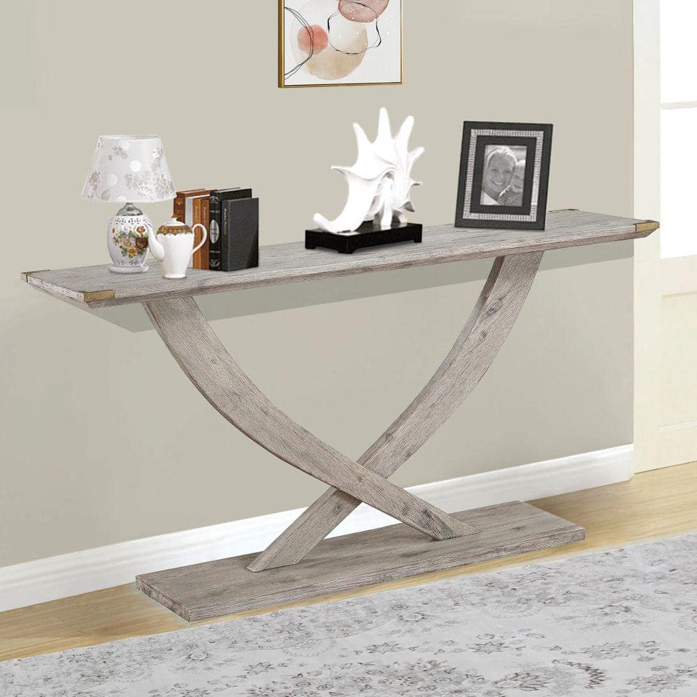 Farmhouse Acacia Wood Console Table with Cross Legs, Light Barnwood Gray