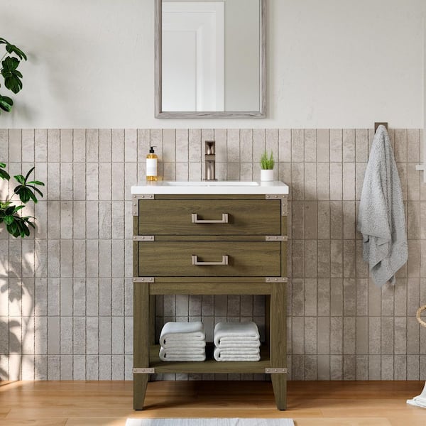 JimsMaison 24 in. W x 18 in. D x 34 in. H Single Sink Freestanding Bath Vanity in Grey Oak with White Resin Top