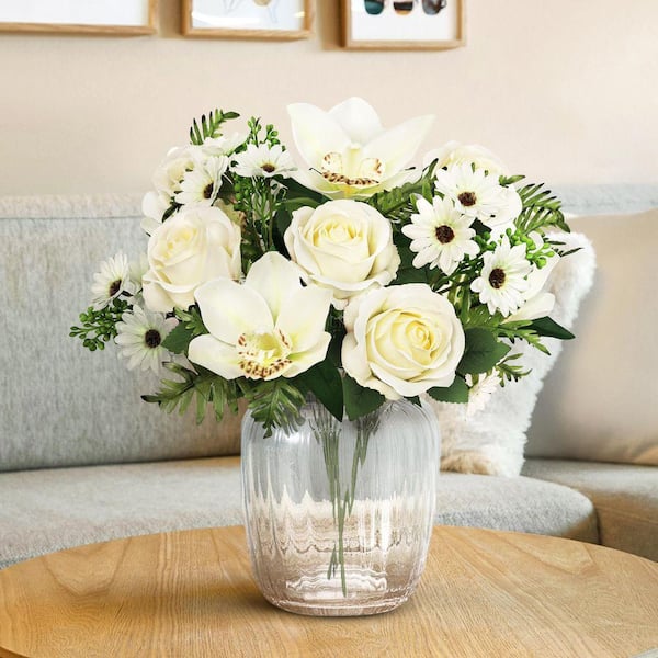 LIVING LUXURY 16 in. Cream White Artificial Mixed Rose Cymbidium