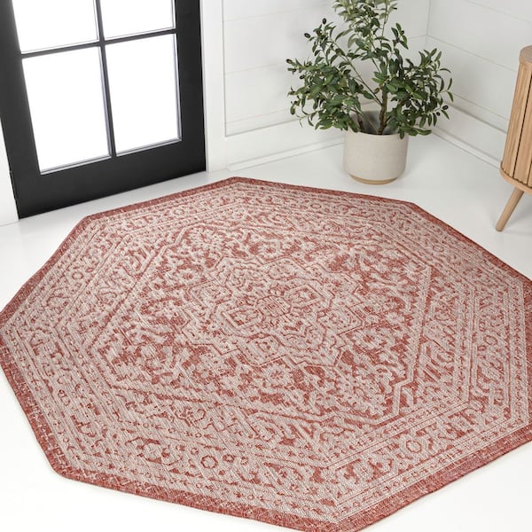 Sinjuri Medallion Textured Weave Red/Taupe 8 ft. Octagon Indoor/Outdoor Area Rug