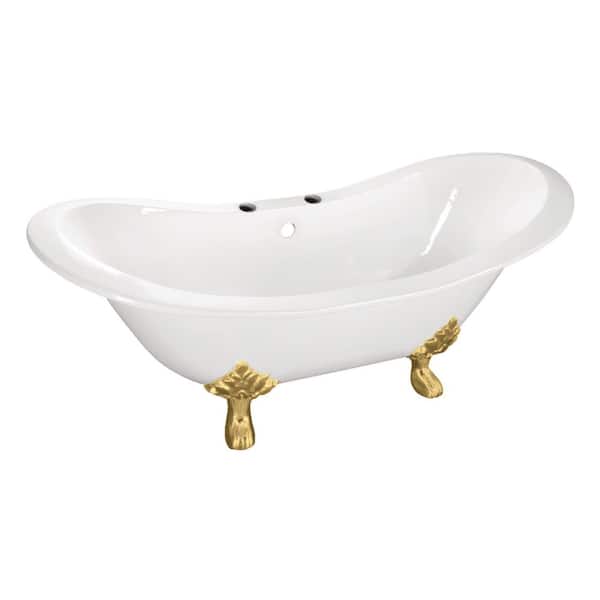 Aqua Eden 61 in. x 30.1 in. Cast Iron Oval Clawfoot Soaking Bathtub in White/Brushed Brass