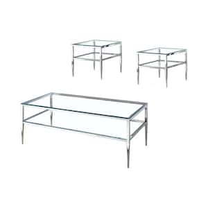 Harlyenne 3-Piece 48 in. Clear and Silver Rectangle Glass Coffee Table Set with Shelf