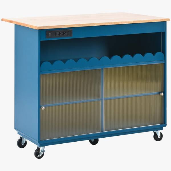 Unbranded Blue Wood 44 in. Kitchen Island with Drop Leaf LED Light Wheels Power Outlets 2 Sliding Fluted Glass Doors Cabinet