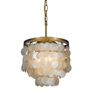 14 in. 3-Light Framhouse Tiered Brass Chandelier with Capiz Seashell Accents