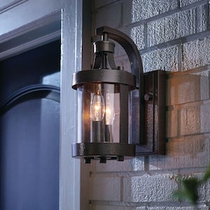 Glastonbury Caged 12 in. 2-Light Aged Iron Outdoor Wall Light Fixture with Clear Glass