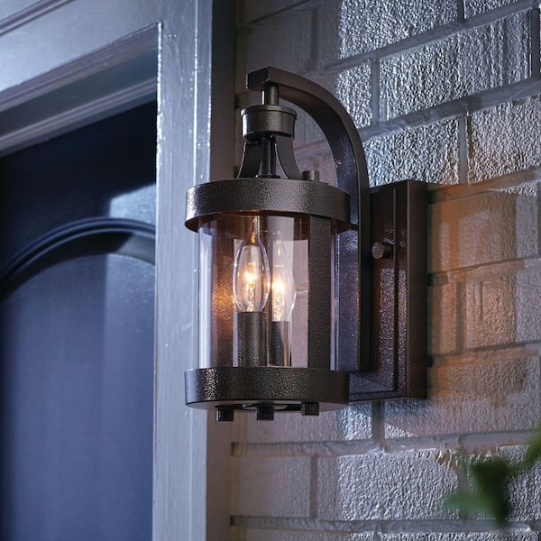 Home Decorators Collection Glastonbury Caged 12 in. 2-Light Aged Iron Outdoor Wall Light Fixture with Clear Glass