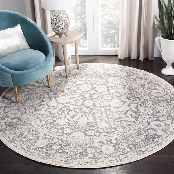 Reflection Dark Gray/Cream 7 ft. x 7 ft. Round Distressed Floral Area Rug