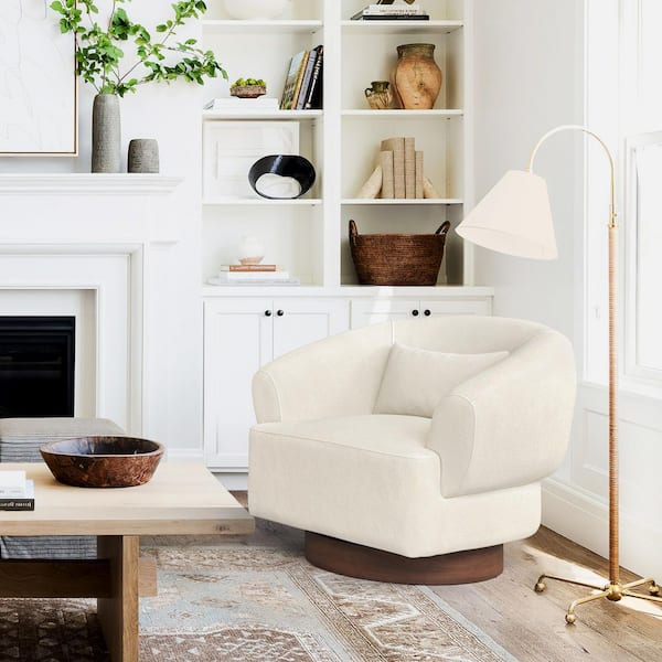 Gako 32in White Chenille Fabric Upholstered Solid Wood Frame 360° Swivel Accent Chair