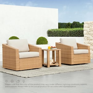 Cyril 3 Pieces Brown Fabric Wicker Swivel Chairs and Side Table Set with Beige Cushions for Outdoor & Indoor Use