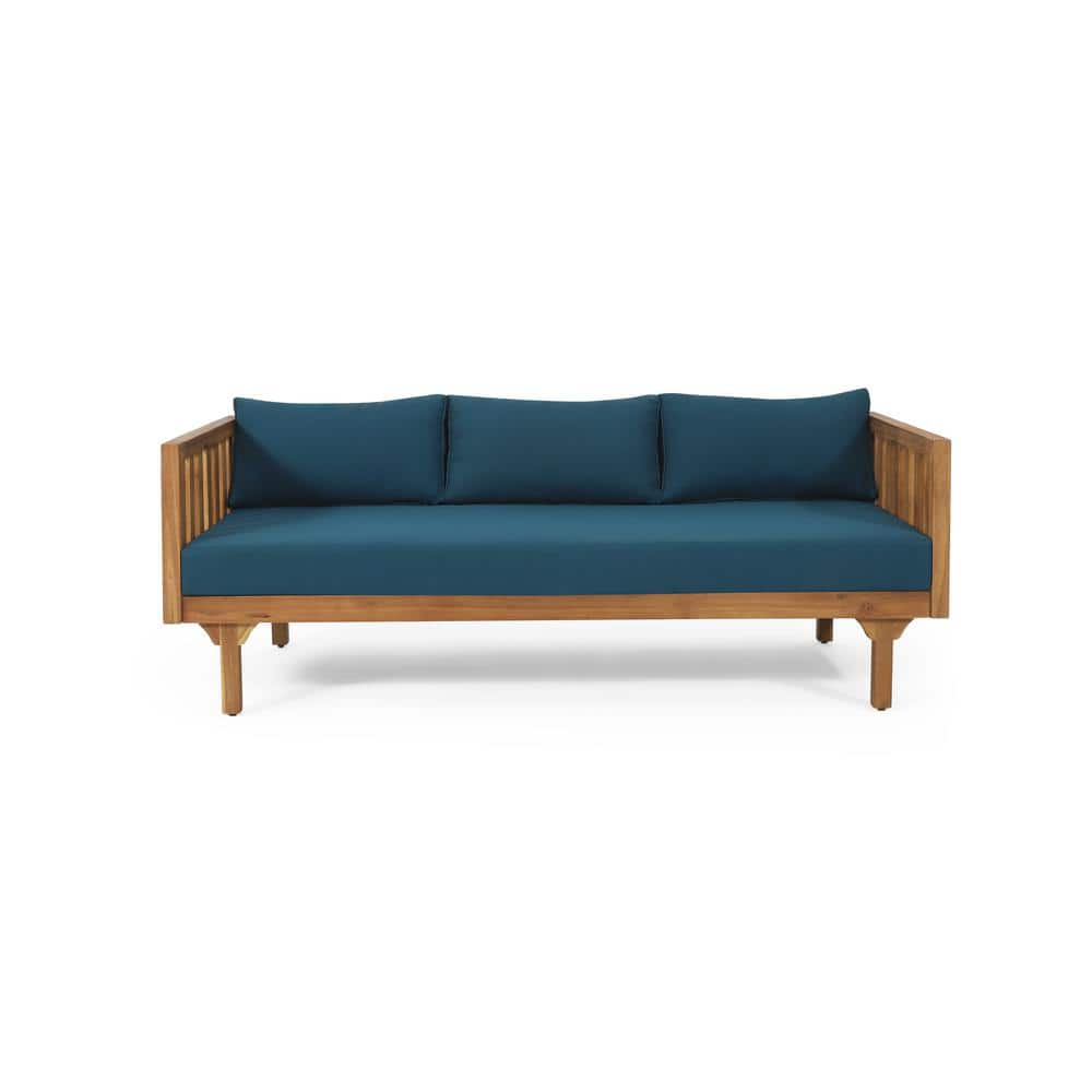Wood 3-Seater Outdoor Day Bed with Water-Resistant Blue Cushions