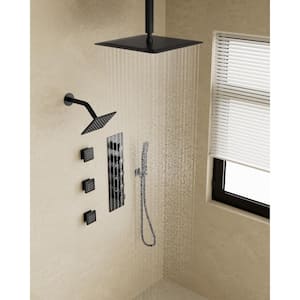 Thermostatic Valve 15-Spray 16 in. x 6 in. Ceiling Mount Dual Shower Head and Handheld Shower in Matte Black