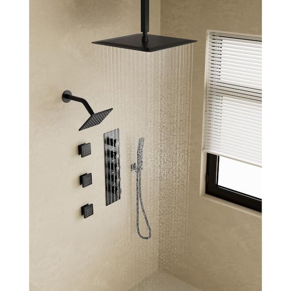 Thermostatic Valve 15-Spray 16 in. x 6 in. Ceiling Mount Dual Shower Head and Handheld Shower in Matte Black