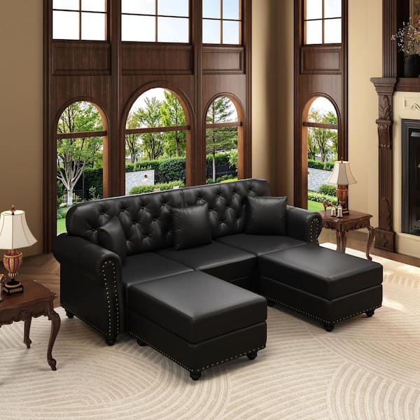 Berta 82.6 in. Rolled Arm Faux Leather Upholstery U-Shaped Sectional Sofa in Black with 2 Ottomans, 2 Pillows