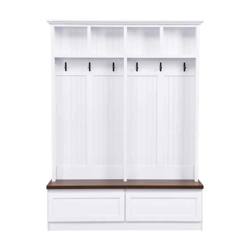 AP-Foyer Farmhouse White Hall Tree with 6 Hooks & Bench, Wooden Entryway Organizer with Open Storage & 2 Drawers price history on PriceWatchPro