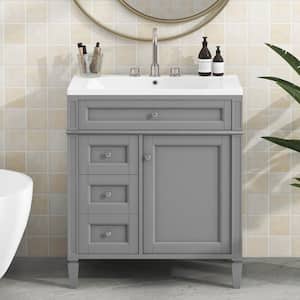 30 in. W x 18 in. D x 33 in. H Freestanding Bath Vanity in Gray with White Ceramic Top and Large Storage Cabinet