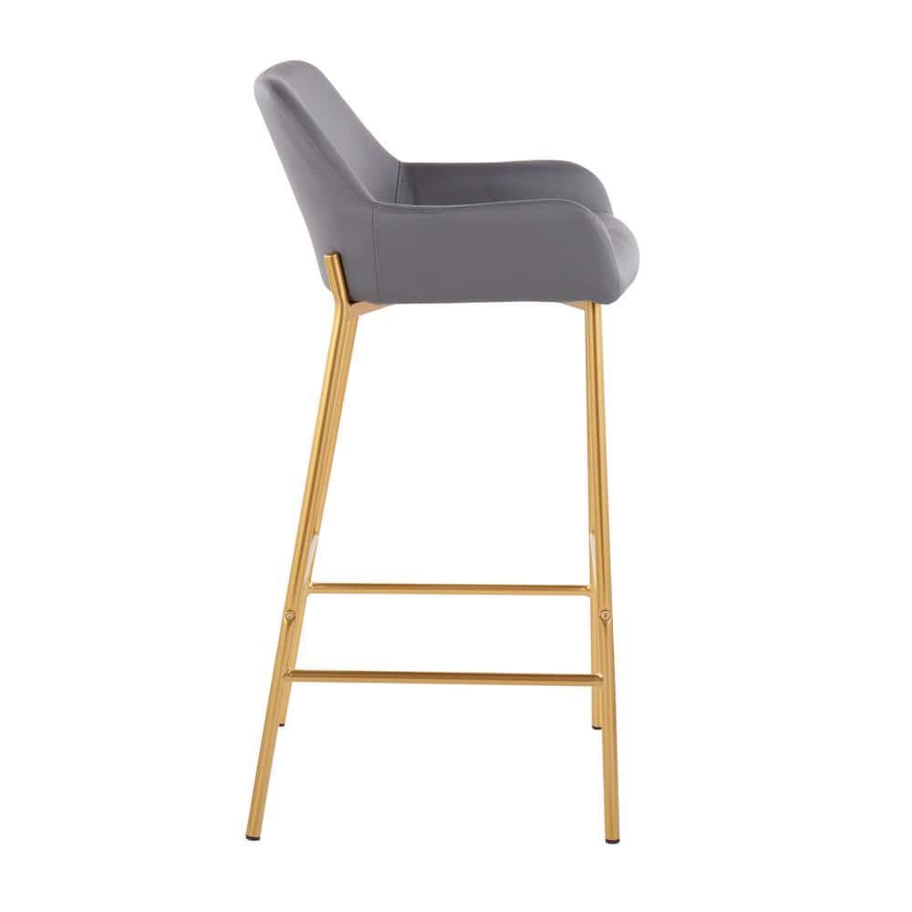 Set of 2 Gold Metal and Gray Faux Leather Bar Stools