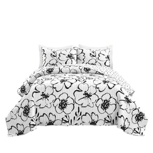 3-Piece Black/White Polyester King Scandinavian Floral Quilt Set