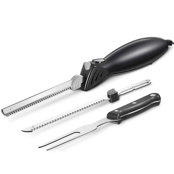 Numhew 6.3 in. Black Stainless Steel Electric Knife with 2 Blades and Fork for Carving Meats, Poultry and Bread