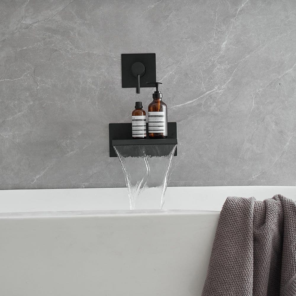 Matte Black Wall-Mount Waterfall Tub Faucet with Lever Handle