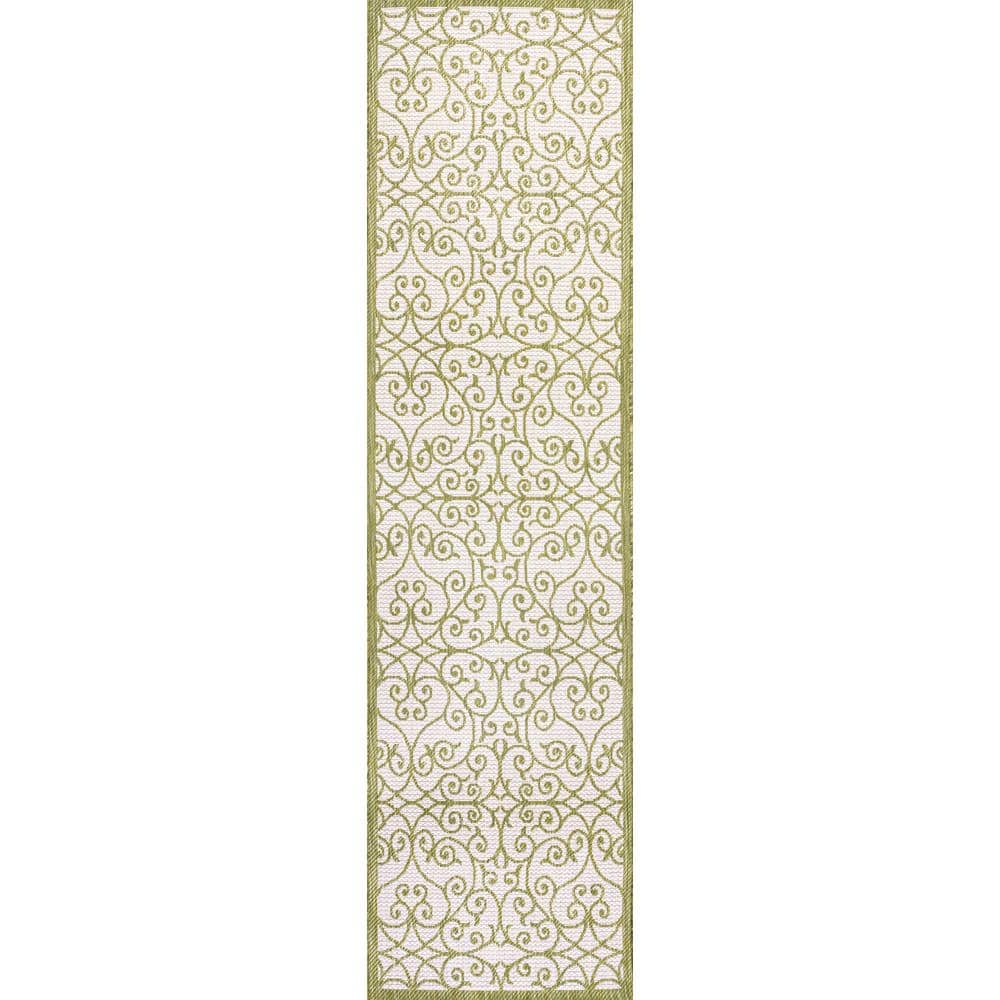 Boho-Chic Green/Cream Spanish Filigree Synthetic Indoor/Outdoor Rug