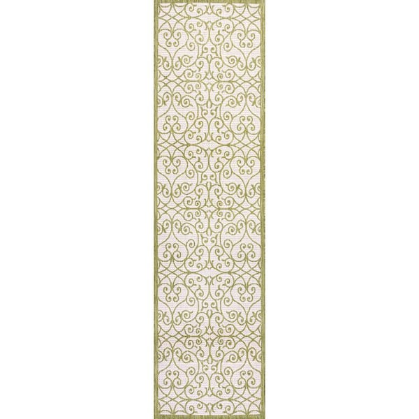 Madrid Vintage Filigree Textured Weave Green/Cream 2 ft. x 10 ft. Indoor/Outdoor Area Rug