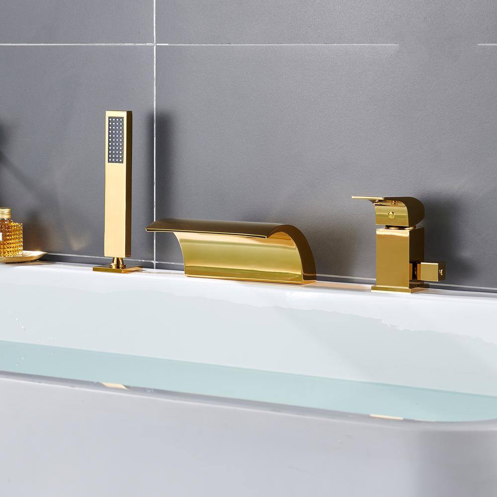 Gold Deck Mounted Waterfall Tub Faucet with Hand Shower