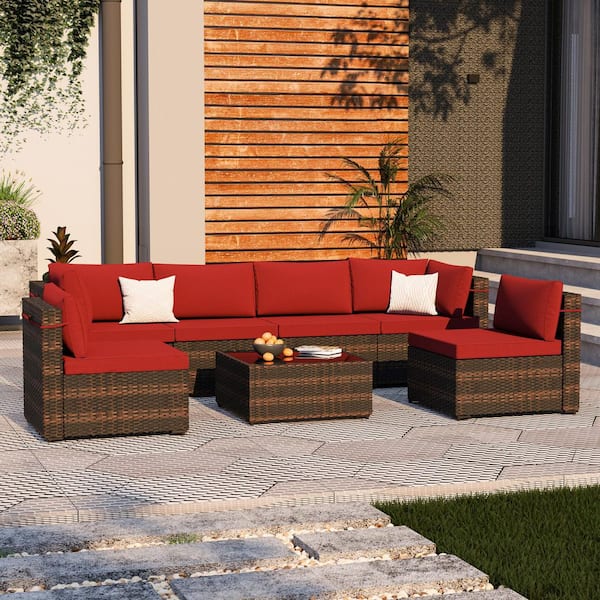 7-Piece Wicker Outdoor Patio Conversation Sectional Seating Set with Red Cushions