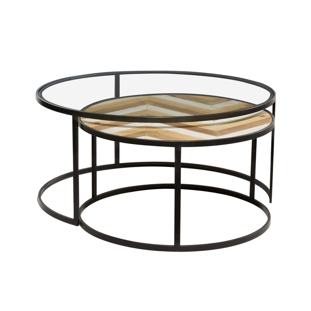 Gray and Brown Round Wood and Glass Nesting Coffee Tables