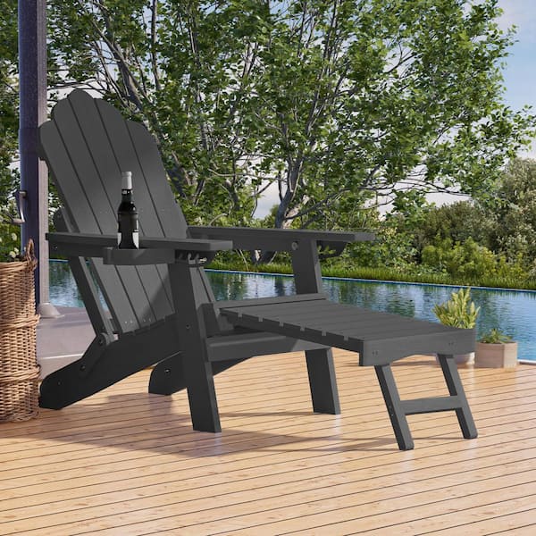 Black Folding Adirondack Chair with Retractable Ottoman, HIPS Adirondack Chair with Cup Holder (Set of 1)