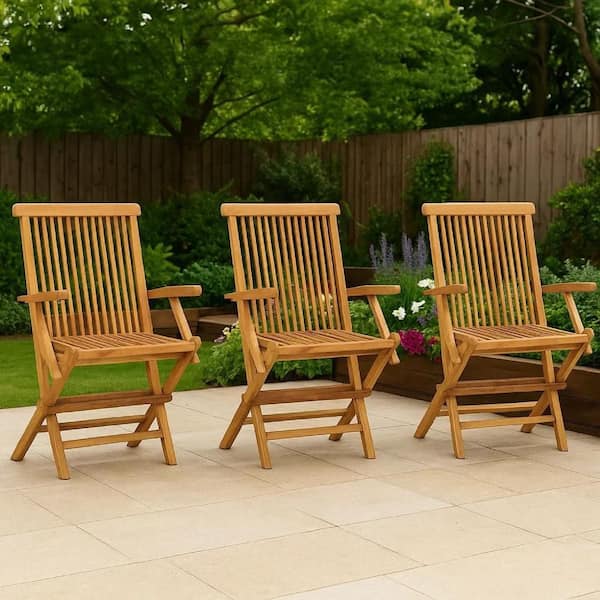 Folding Hardwood Outdoor Lounge Chair in Teak Brown (Set of 3)