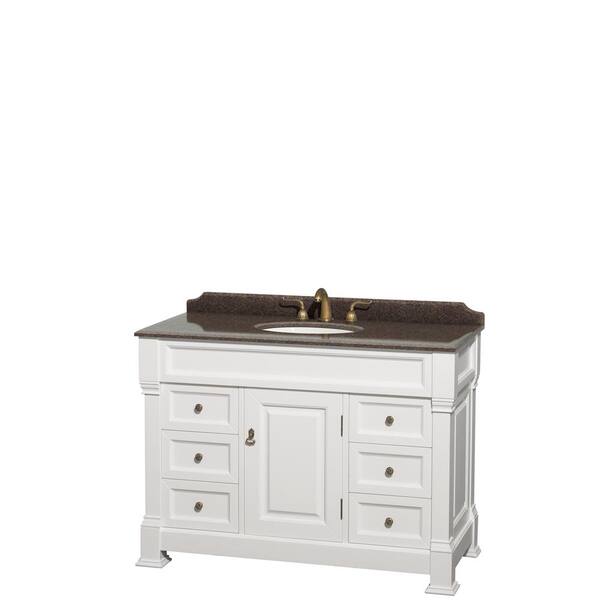 Wyndham Collection Andover 48 in. W x 23 in. D Bath Vanity in White with Granite Vanity Top in Brown with White Basin