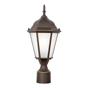 Bakersville 7.875 in. 1-Light Antique Bronze Traditional Outdoor Post Top Lantern with Satin Glass Panels and LED Bulb