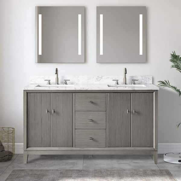 60 in. W Double Sink Freestanding Driftwood Gray Bath Vanity Cabinet with Arabescato White Engineered Marble Top